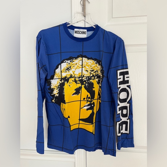 Moschino Couture Face Hope art long sleeve tee blue yellow men 36 crew neck